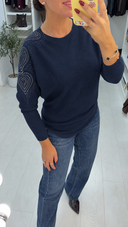 Elvira Plain Embellished Heart Sleeve Jumper