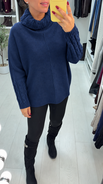 Elin Plain Cable Knit Detailed Roll Neck Jumper