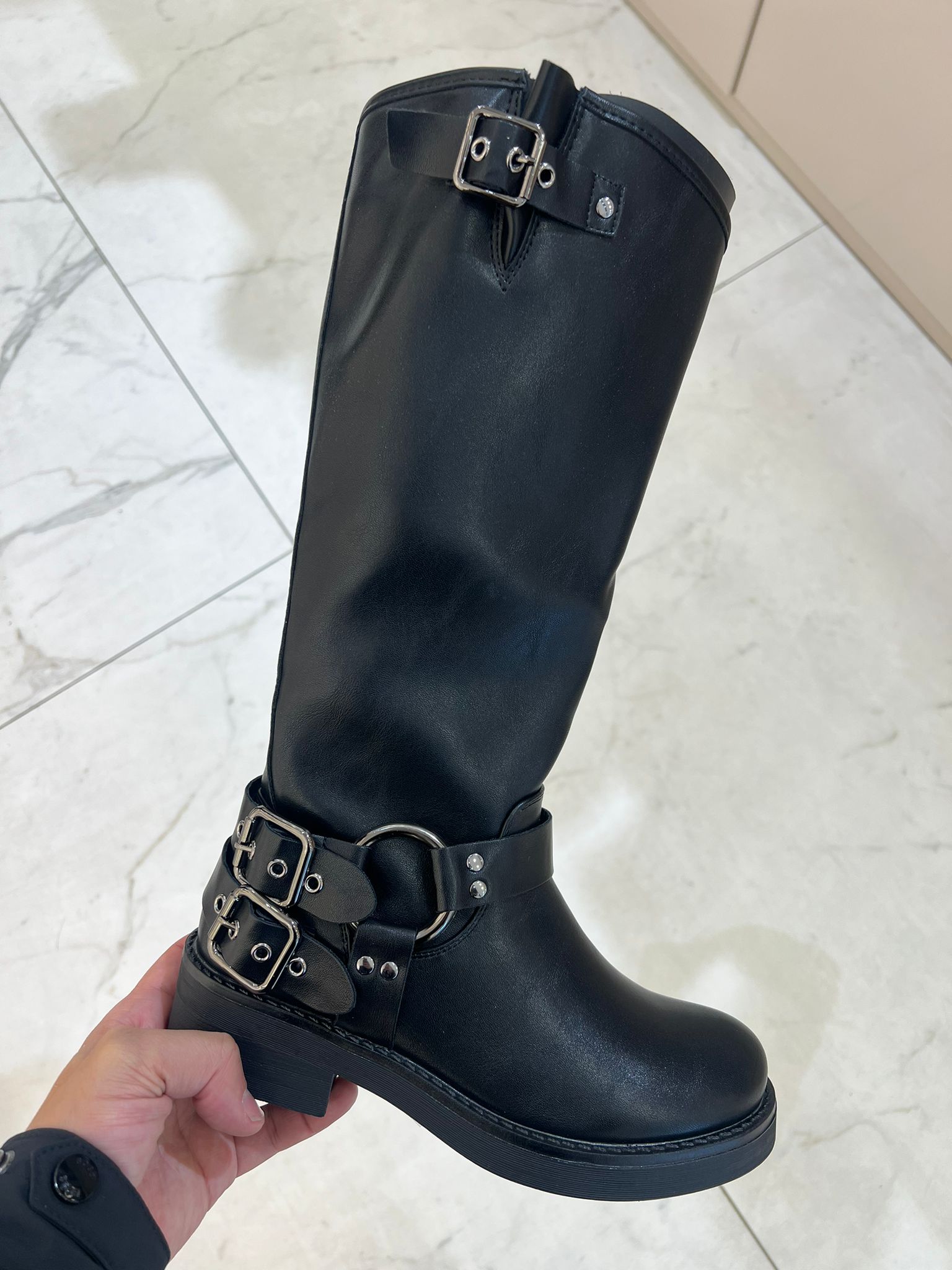 Dila Black Faux Leather Tall Buckle Detail Boots