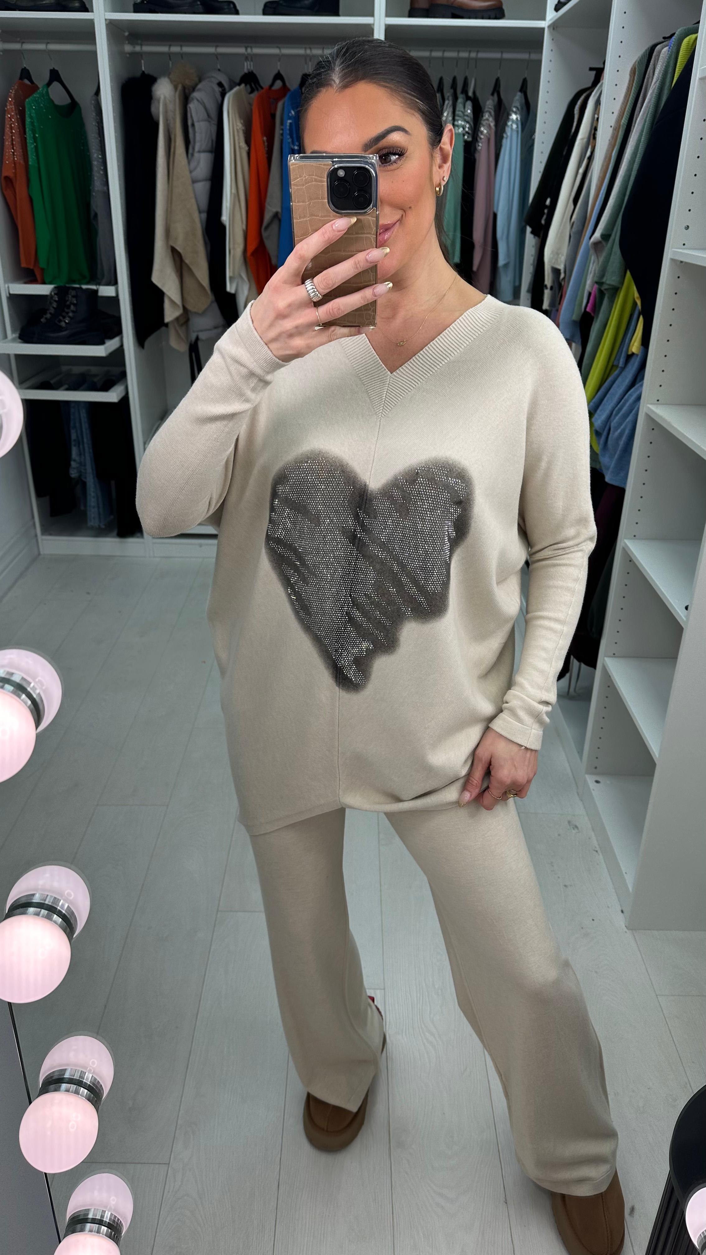 Clio Diamante Studded Heart Jumper & Wide Leg Leggings Set