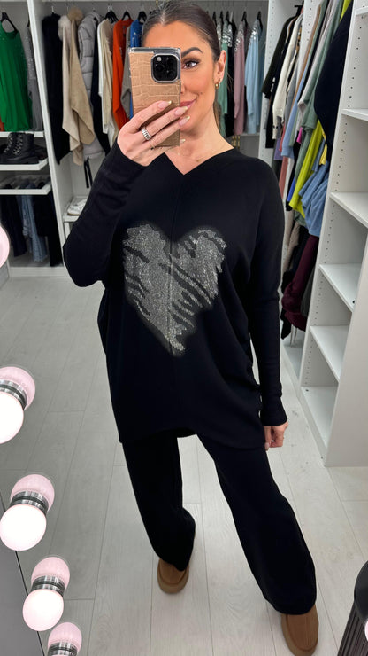 Clio Diamante Studded Heart Jumper & Wide Leg Leggings Set