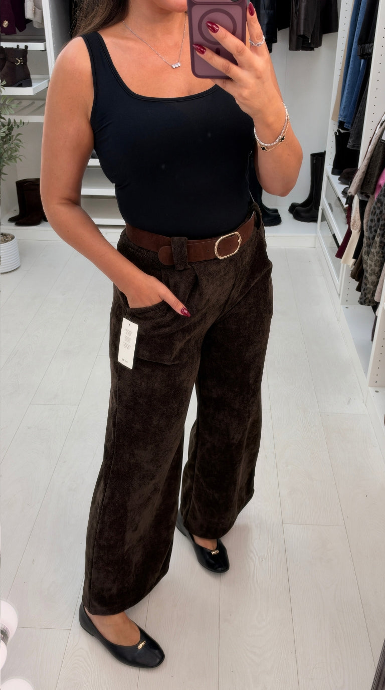 Ivetta Plain Corduroy Belted Wide Leg Trousers
