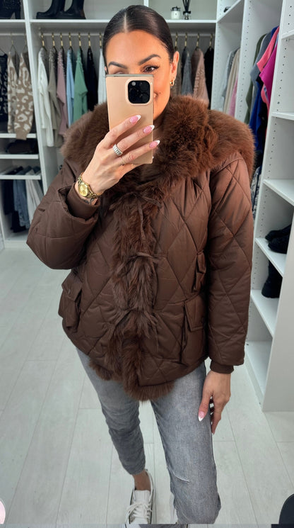 Olympia Chocolate Short Quilted Faux Fur Trim Coat