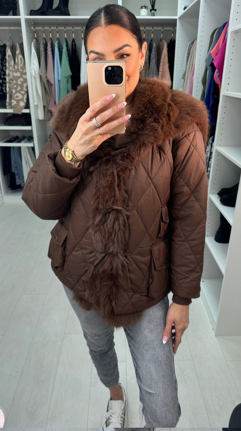 Olympia Chocolate Short Quilted Faux Fur Trim Coat