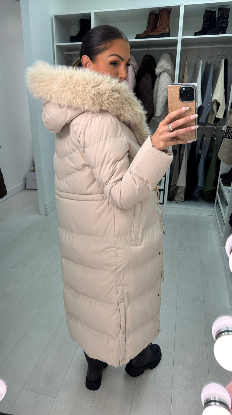 Alberta Beige Padded Faux Fur Hooded Coat