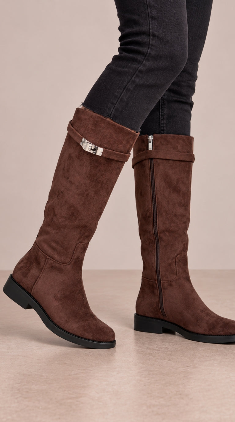 Rebela Faux Suede Buckle Detailed Knee High Boots