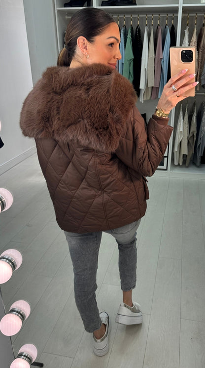 Olympia Chocolate Short Quilted Faux Fur Trim Coat