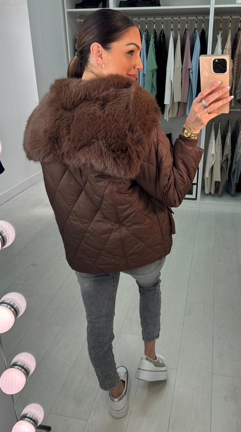 Olympia Chocolate Short Quilted Faux Fur Trim Coat