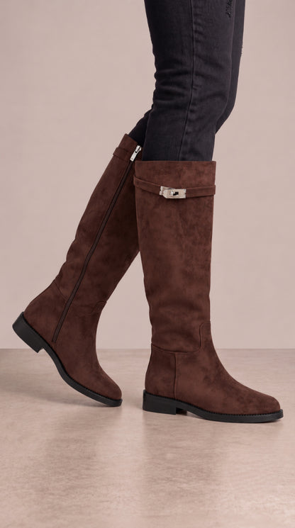 Rebela Faux Suede Buckle Detailed Knee High Boots