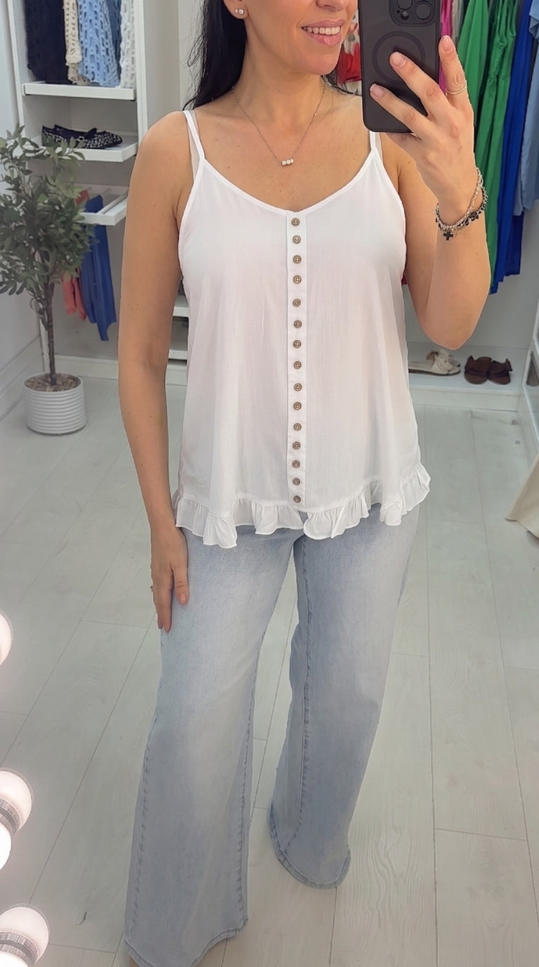 Rachey White Button Front Frill Hem Cami