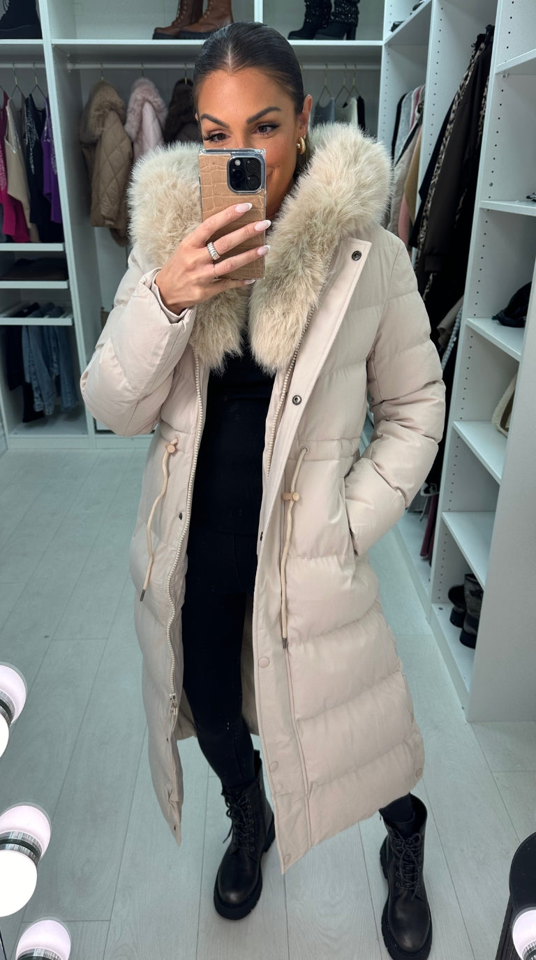 Alberta Beige Padded Faux Fur Hooded Coat