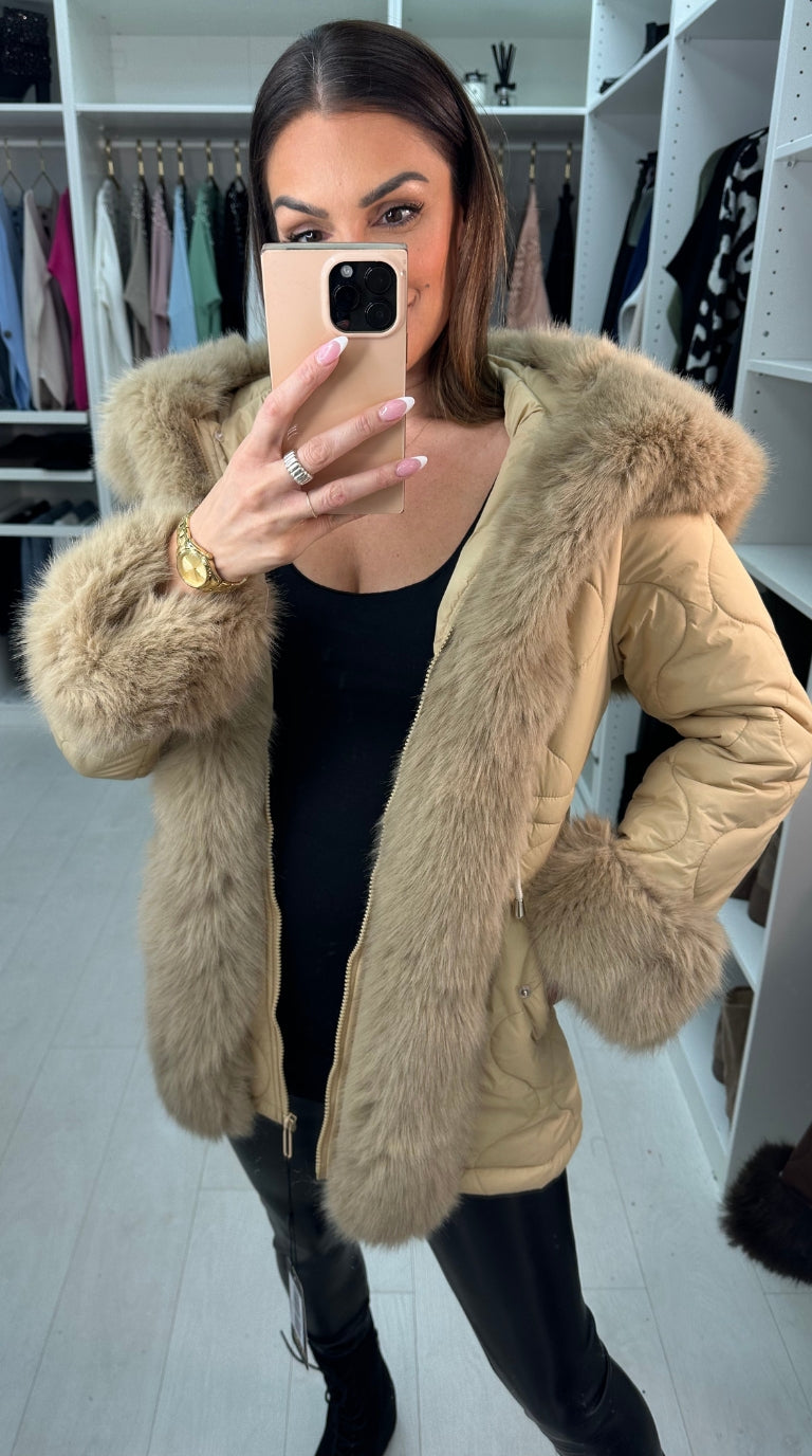 Alanda Tan Faux Fur Toggle Waist Jacket