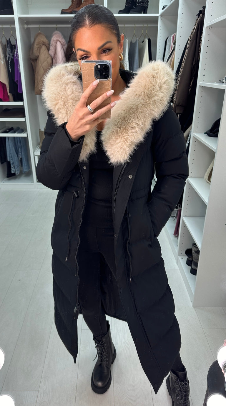 Alberta Black/Beige Padded Faux Fur Hooded Coat