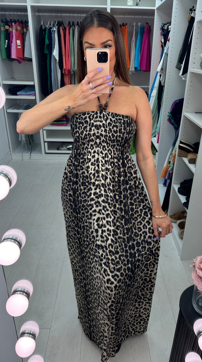 Bergamo Beige Leopard Print Elasticated Bust Maxi Dress
