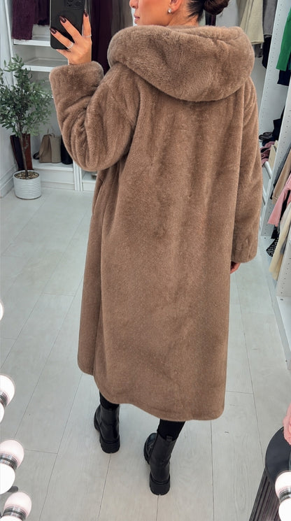 Cassy Faux Fur Hooded Longline Coat