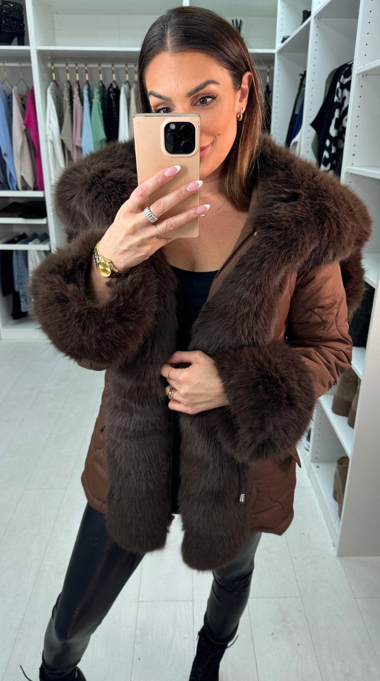 Alanda Chocolate Faux Fur Toggle Waist Jacket