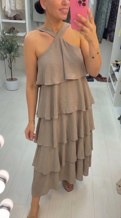 Wendelyn Plain Ruffled Halter Neck Maxi Dress