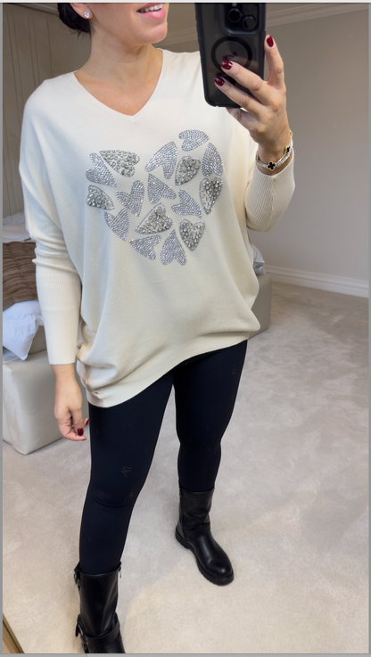 Carys Heart Silver Diamante & Gem V-Neck Jumper