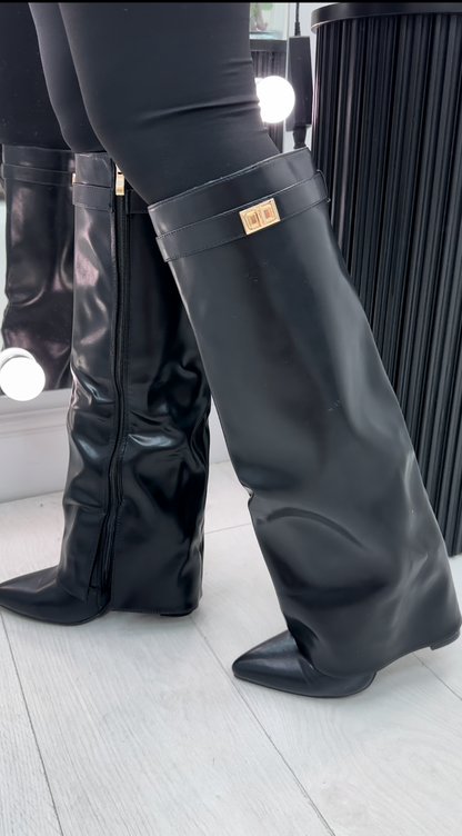 Anya Lock Detail Knee High Heeled Boot