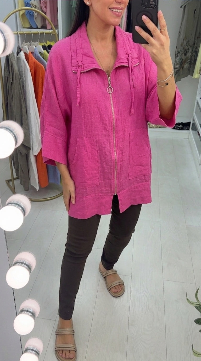 Zora Plain Zip Front Lightweight Linen Jacket