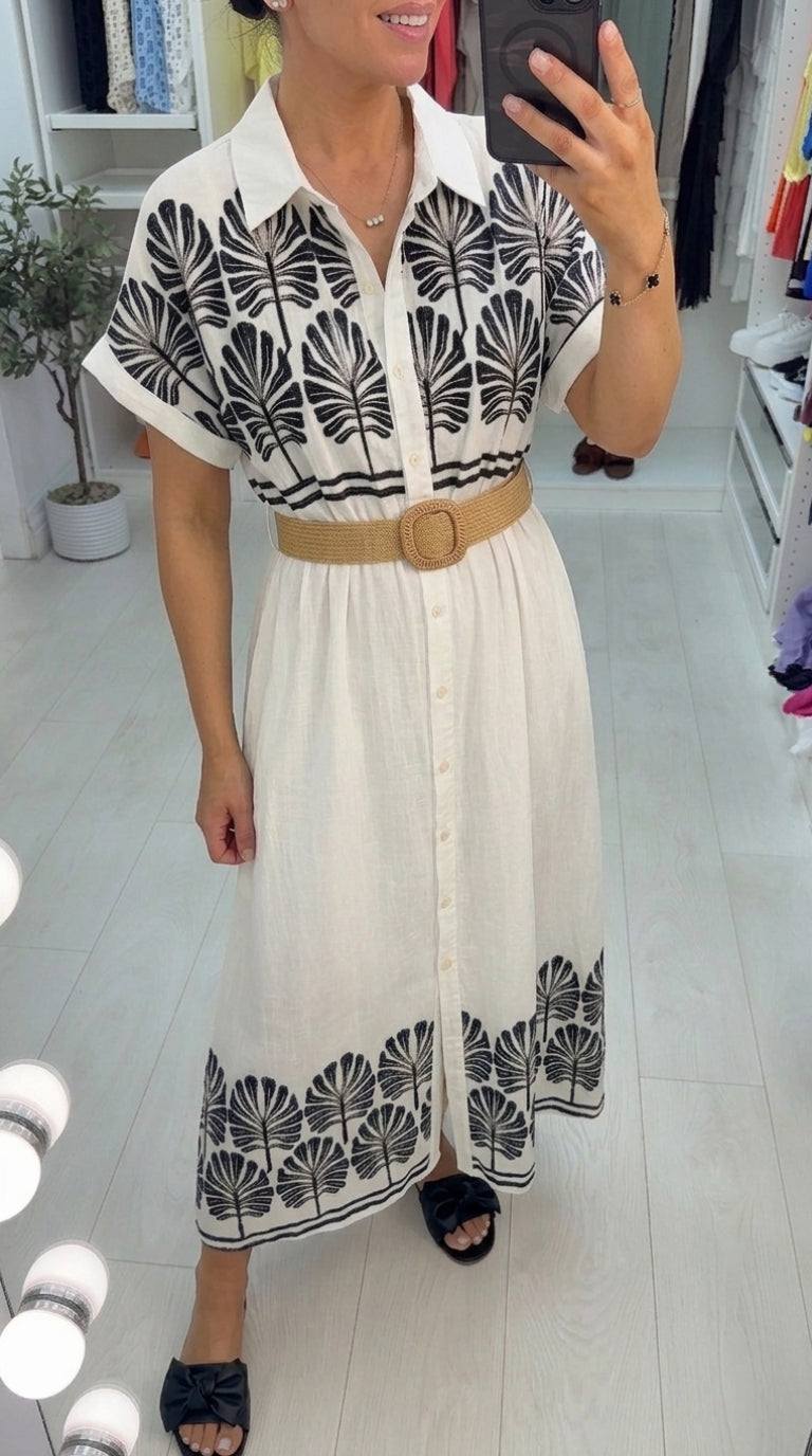 Antonia Embroidered Detail Belted Shirt Dress