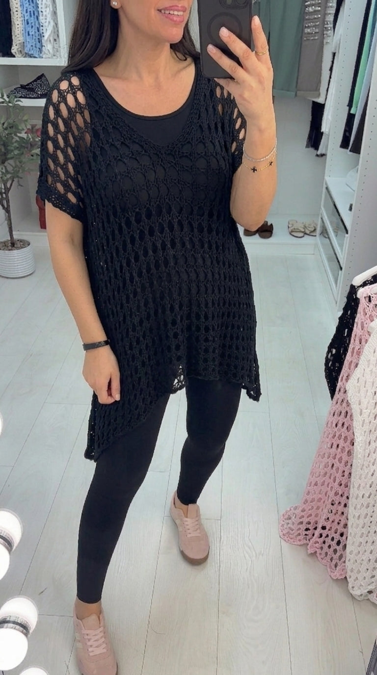 Iyla V Neck Dipped Hem Longline Crochet Top