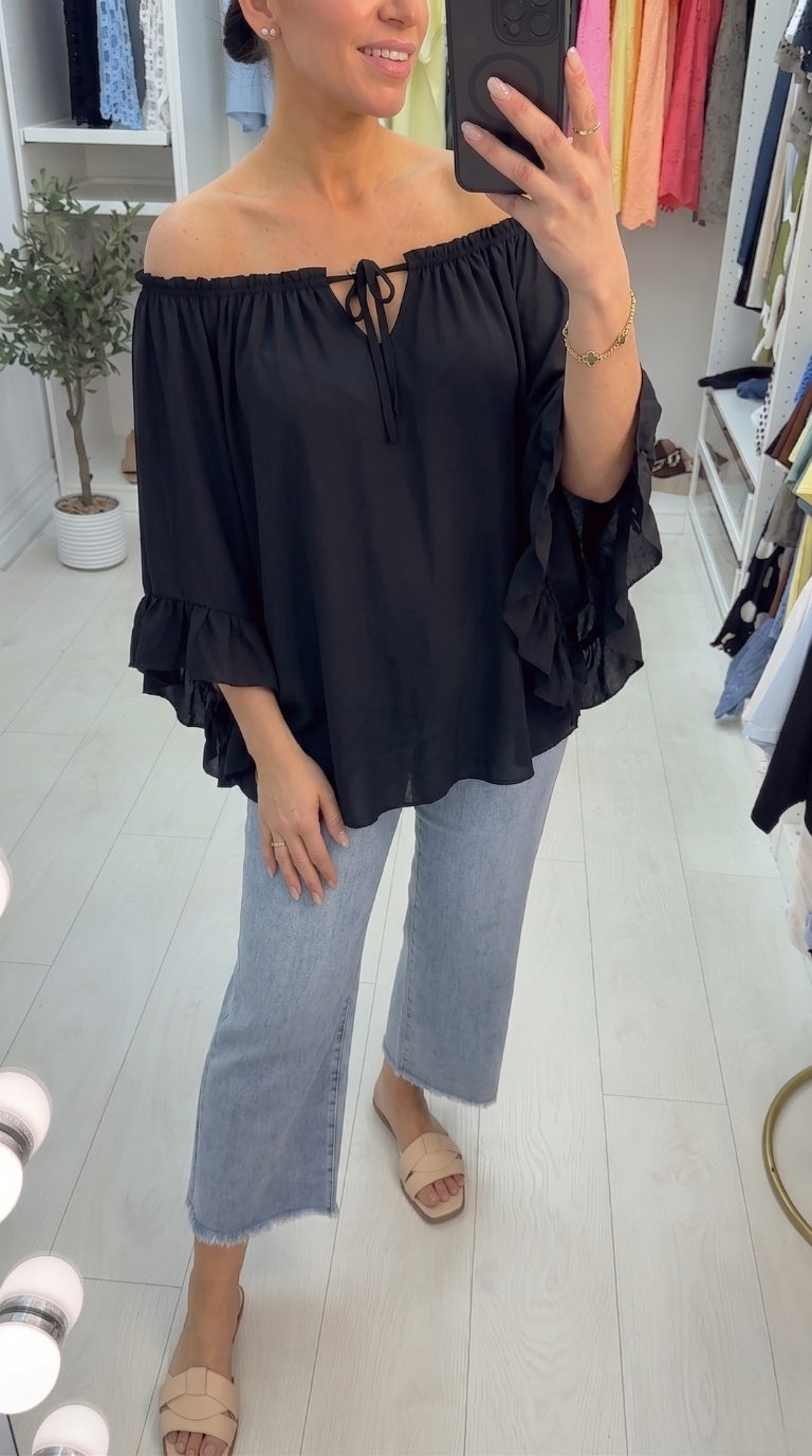 Amberlyn Plain Loose Fit Frill Sleeve Bardot Top