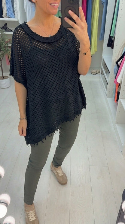 Sharina Frayed Edge Asymmetric Crochet Top