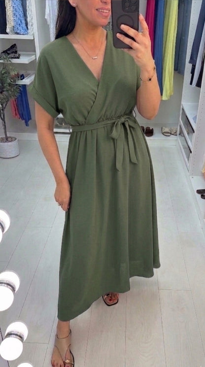 Manisha Plain V Neck Belted Maxi Dress