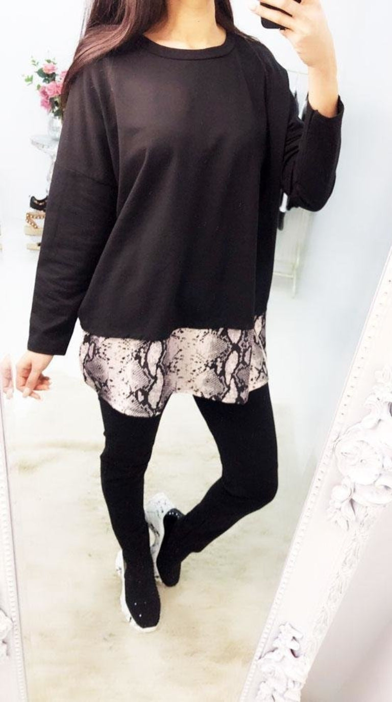 Pollie Black Oversized Snake Chiffon Hem Loungewear Set