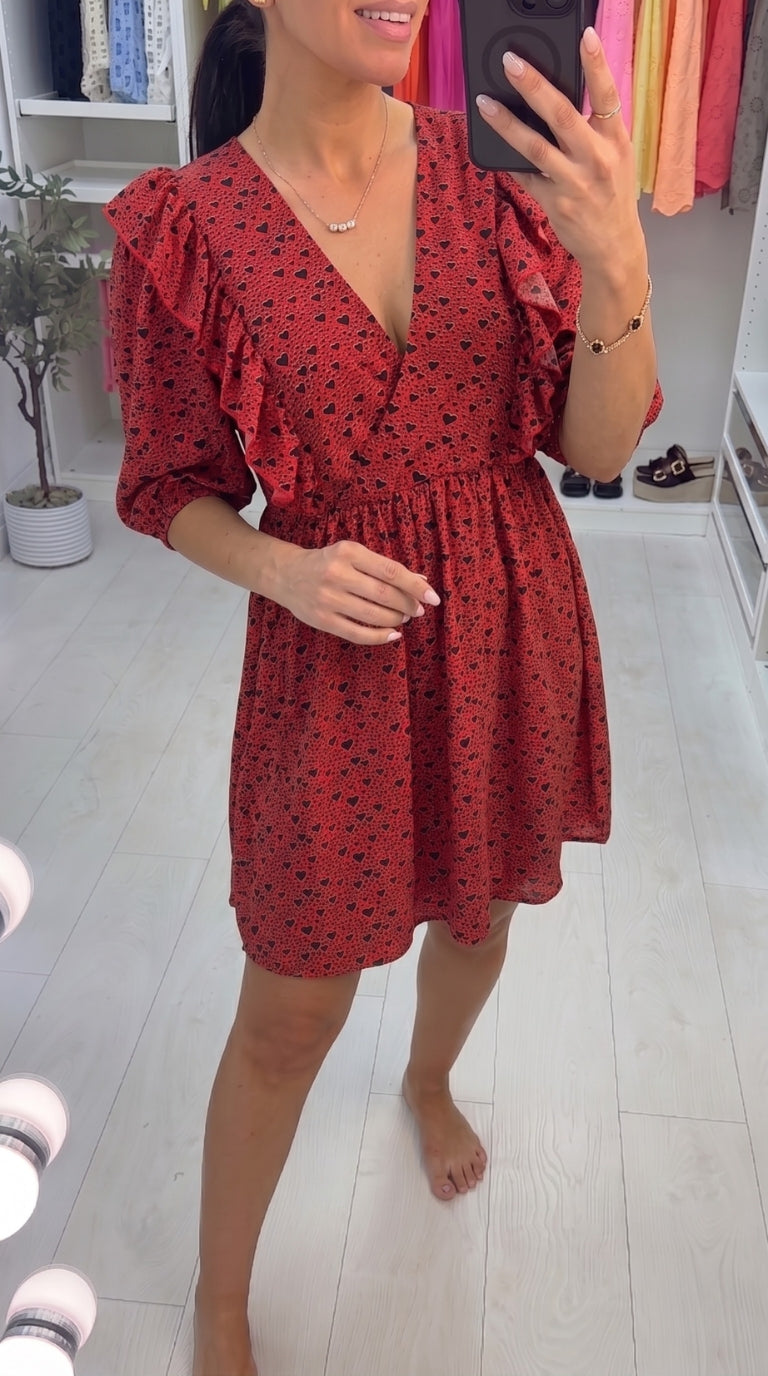 Annora Frill Puff Sleeve Heart Detail Floaty Dress