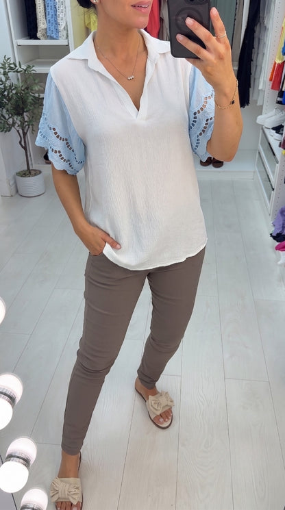 Windsor V Neck Collar Crochet Sleeve Top