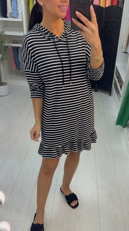 Magdalena Striped Oversized Frill Hem Hooded Sweatshirt