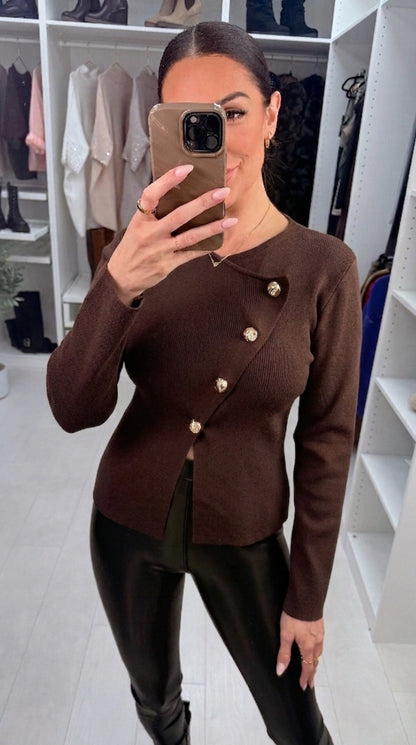 Falena Plain Asymmetric Button Detail Top