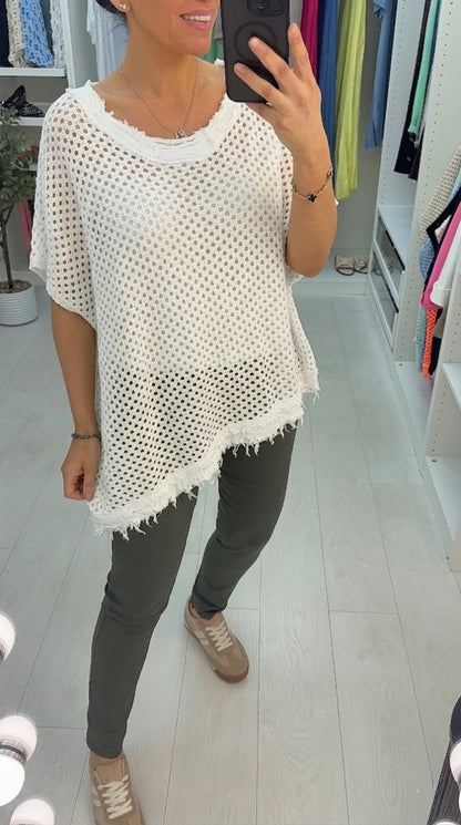 Sharina Frayed Edge Asymmetric Crochet Top