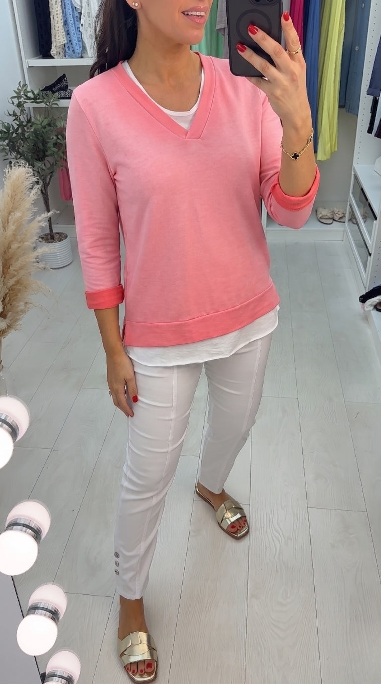 Entana Plain Double Layer V Neck Sweatshirt
