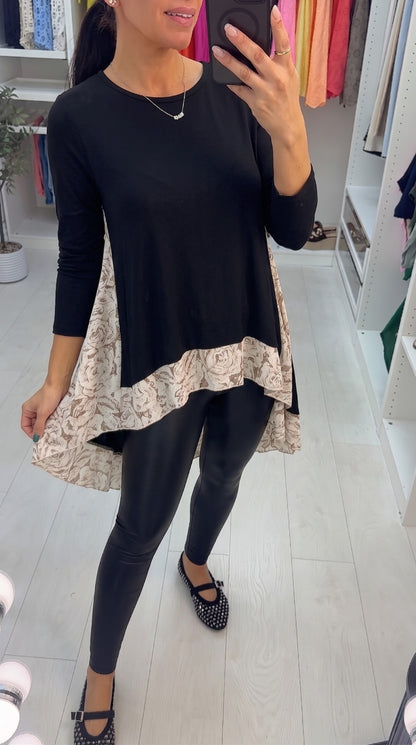 Zayn Rose Print Chiffon Back Detailed Dip Hem Top