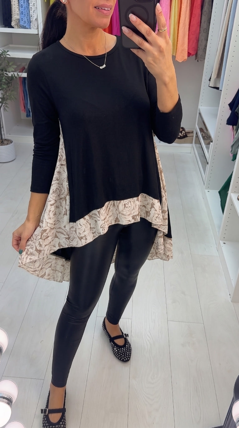 Zayn Rose Print Chiffon Back Detailed Dip Hem Top