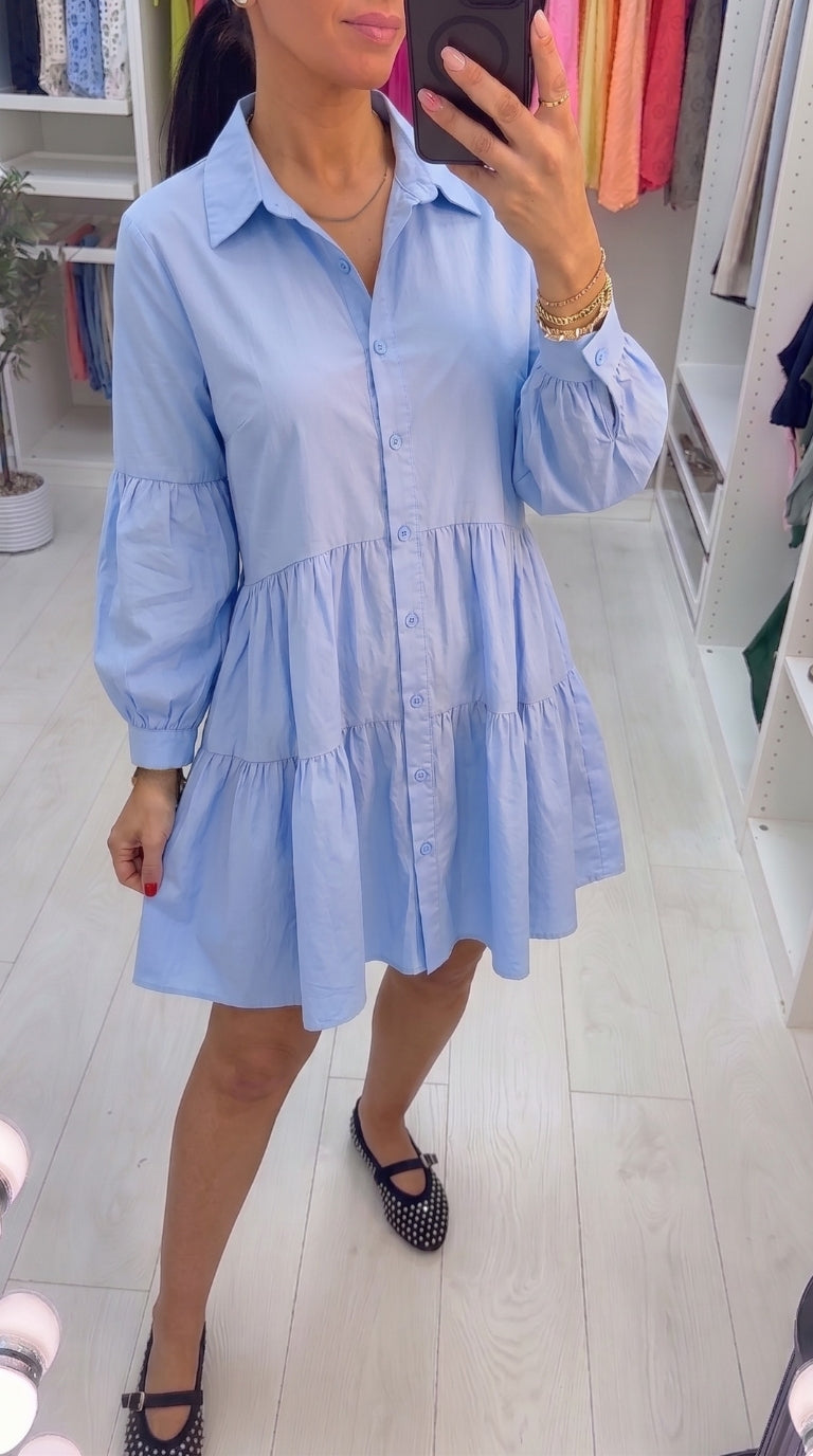 Rome Tiered Dipped Hem Puff Sleeve Shirt Dress
