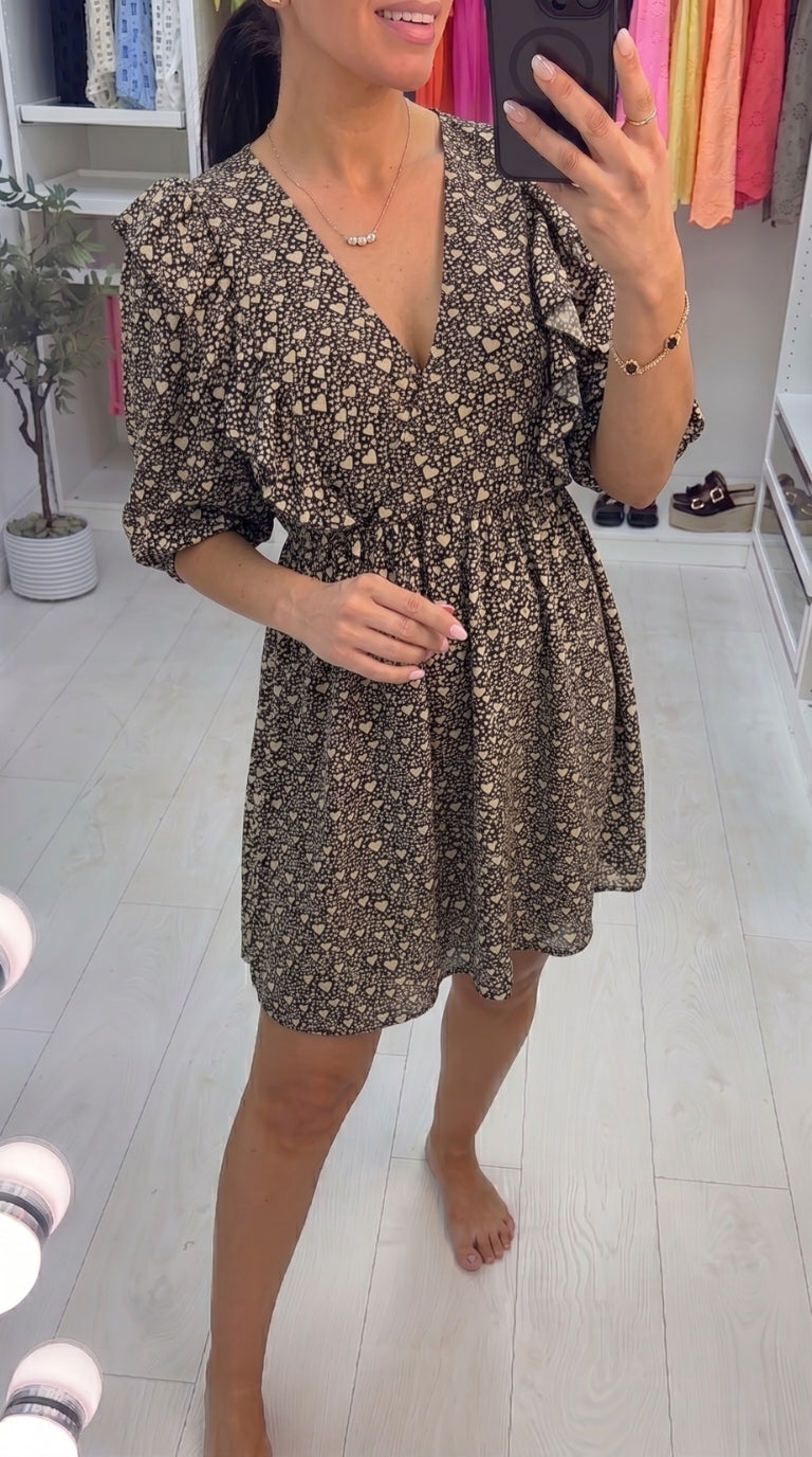 Annora Frill Puff Sleeve Heart Detail Floaty Dress