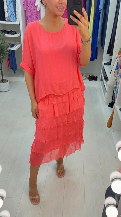 Lizzie Plain Batwing Sleeve Ruffle Dress