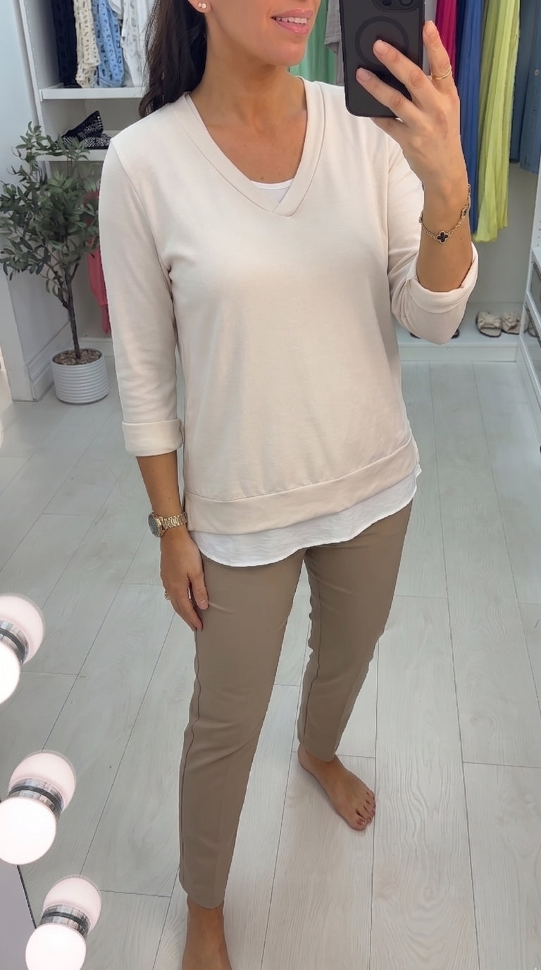 Entana Plain Double Layer V Neck Sweatshirt