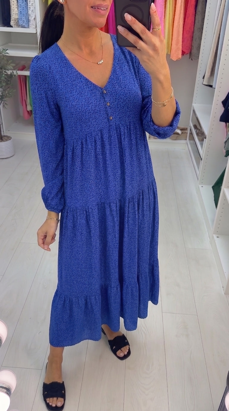 Westley Royal Blue Cheetah Print Smock Maxi Dress