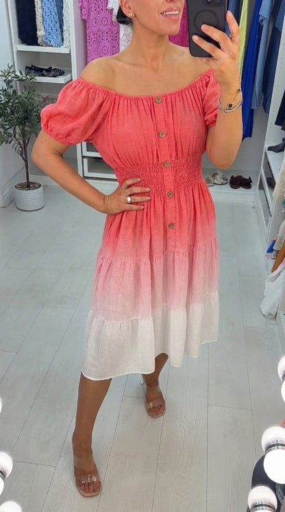 Lorna Button Detailed Shirred Waist Ombre Midi Dres