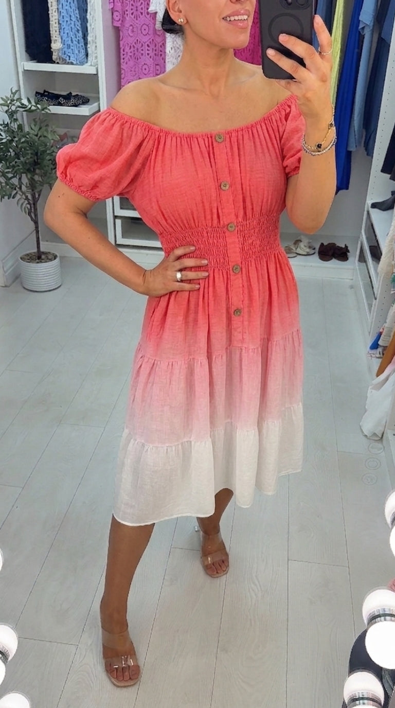 Lorna Button Detailed Shirred Waist Ombre Midi Dres