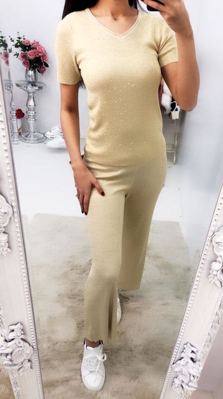 Denzo Studded Glitter Short Sleeve Thin Knit Loungewear Set