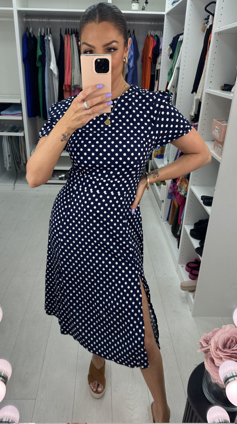 Gallia Navy Polka Dot Split Shift Dress