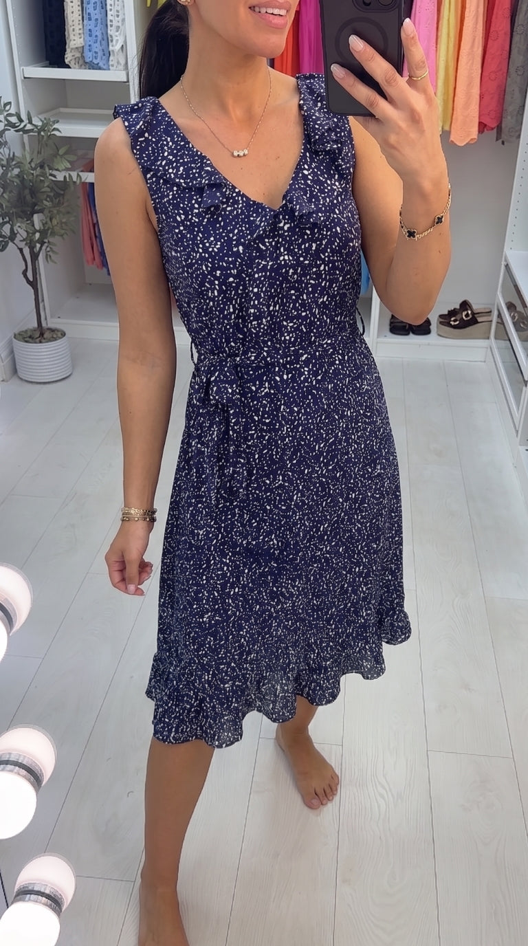 Selenta Navy Frill Detailed Polka Wrap Print Swing Dress