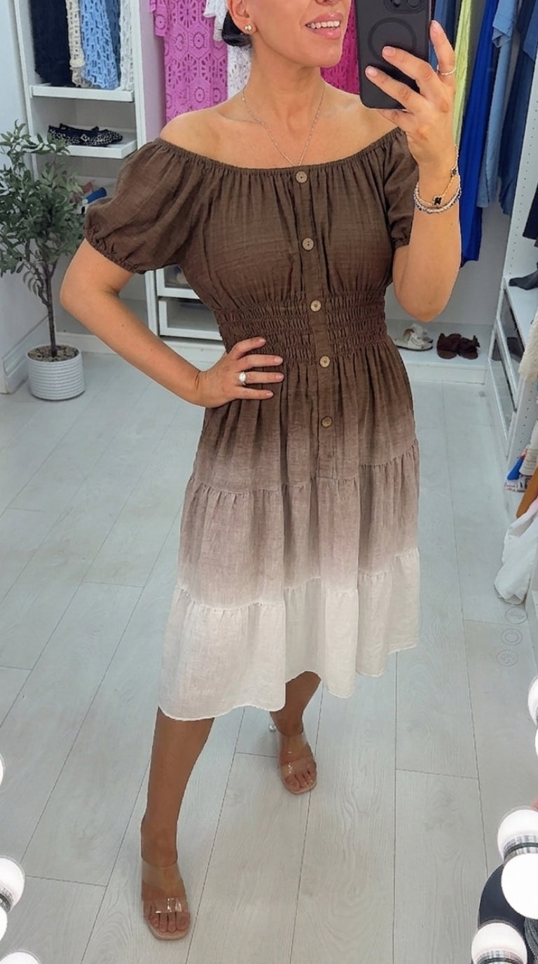 Lorna Button Detailed Shirred Waist Ombre Midi Dres