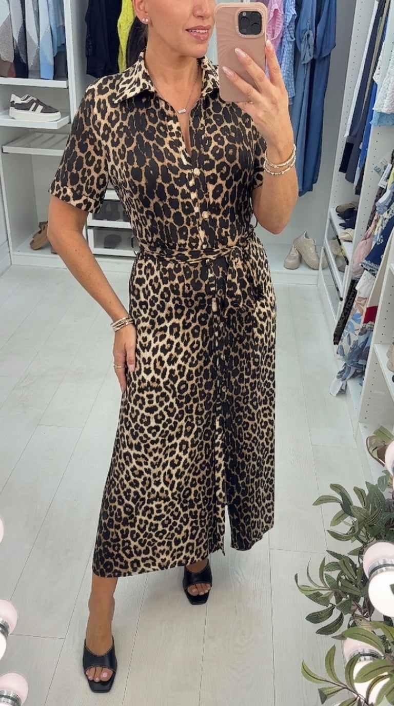 Gineta Leopard Print Button Front Magic Dress